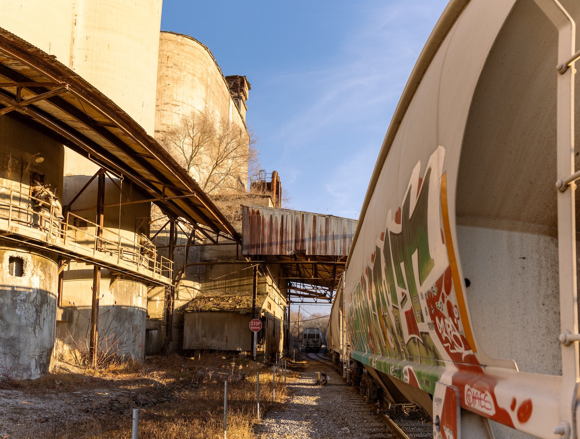A series of train cars, covered in graffiti, sit idle on an old railway beside old concrete silos. | Veteran Car Donations