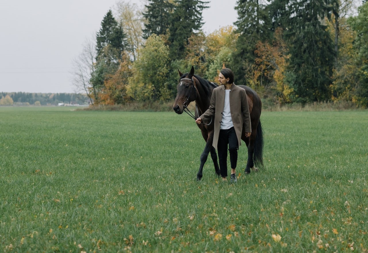 Man in Brown Coat Walking Beside the Brown Horse on Grass Field | Veteran Car Donations
