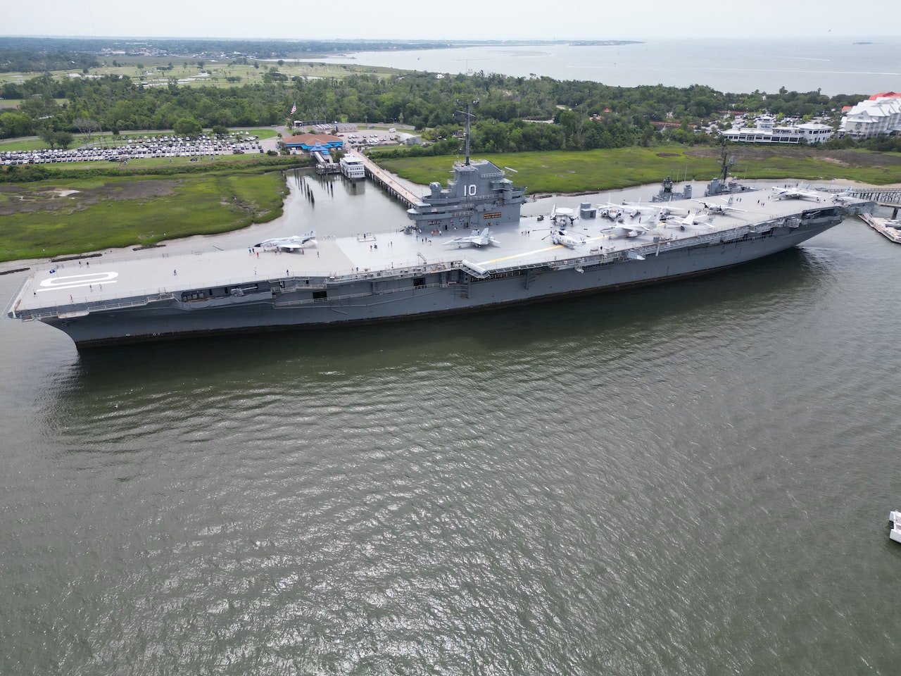 Drone Shots of USS Yorktown Aircraft Carrier in the Harbor | Veteran Car Donations